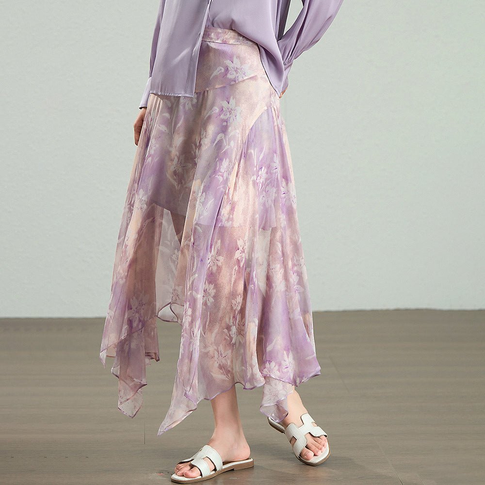 Womens Lavender Floral Silk Maxi Skirt Asymmetric Hem
