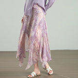 Womens Lavender Floral Silk Maxi Skirt Asymmetric Hem