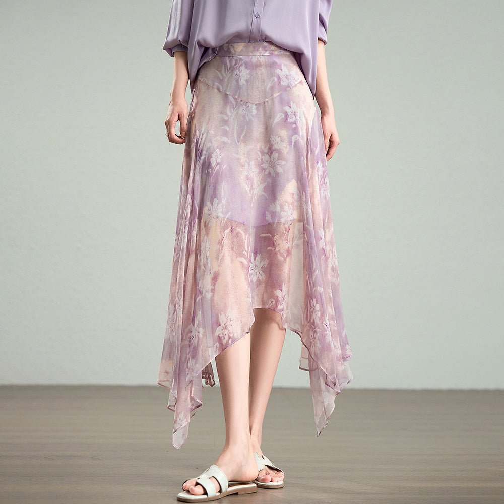 Womens Lavender Floral Silk Maxi Skirt Asymmetric Hem