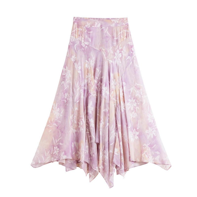 Womens Lavender Floral Silk Maxi Skirt Asymmetric Hem