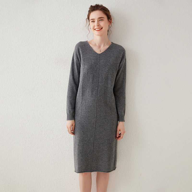 Womens Cashmere Knit Midi Dress Long Sleeve V Neck Straight - cut Dress