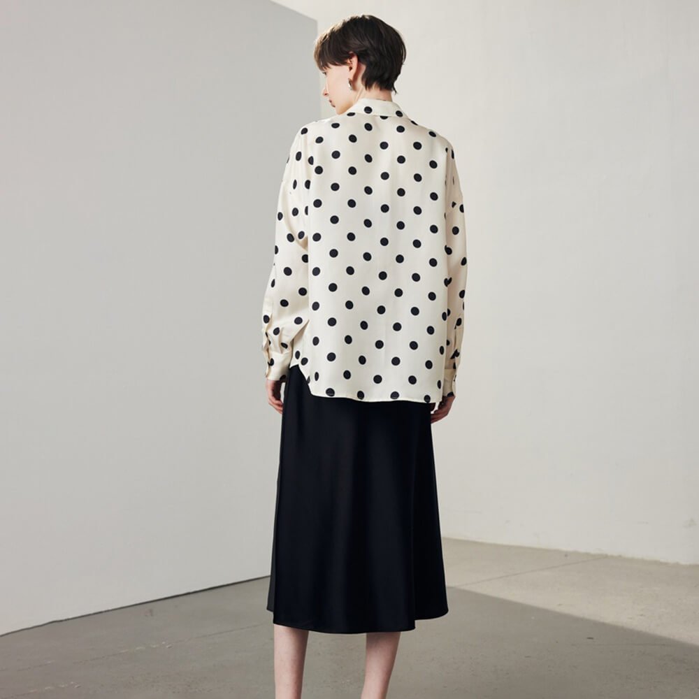 Womens Long Sleeve Silk Shirt Polka Dot Button - Up Silk Blouse