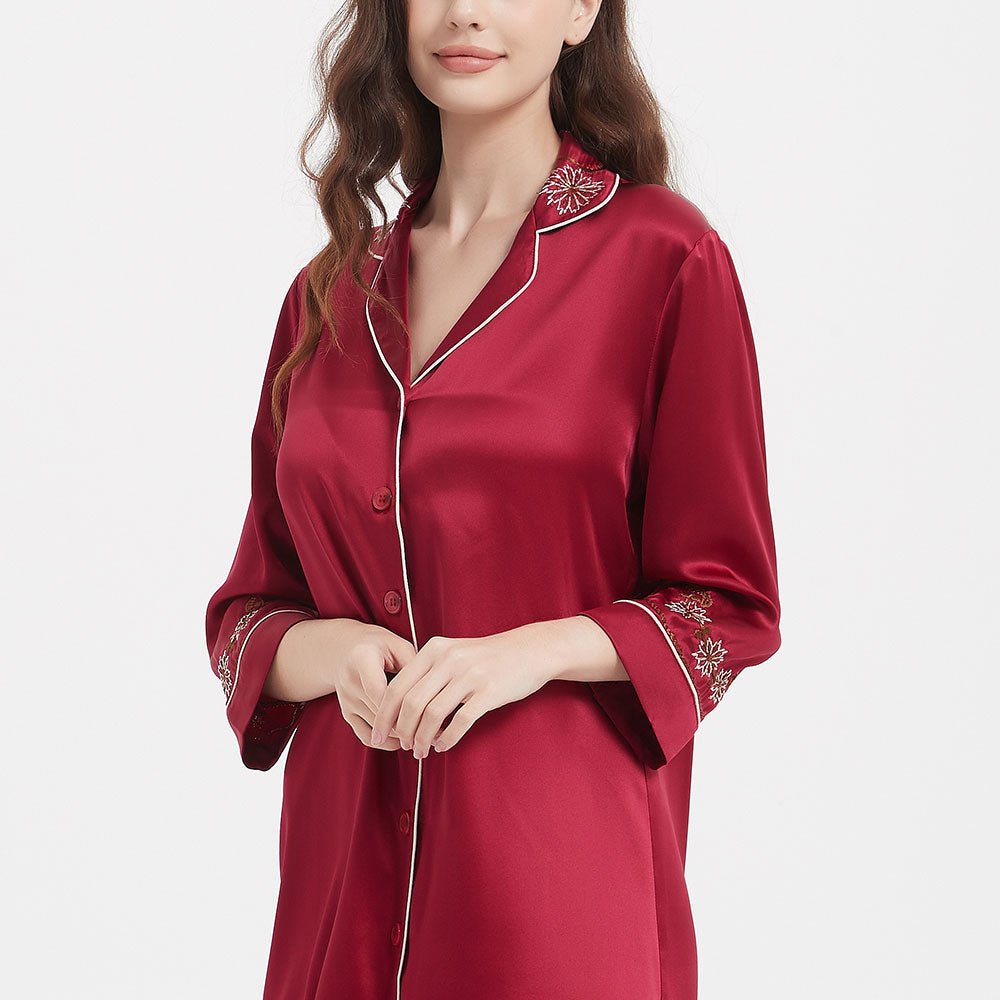Women's Long Sleeves 100% Silk Nightshirts With Embroidery
