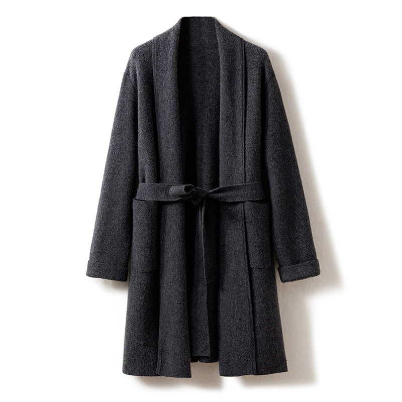 Womens Belted Shawl Collar Cashmere Coat Patch Pockets Long Cardigan