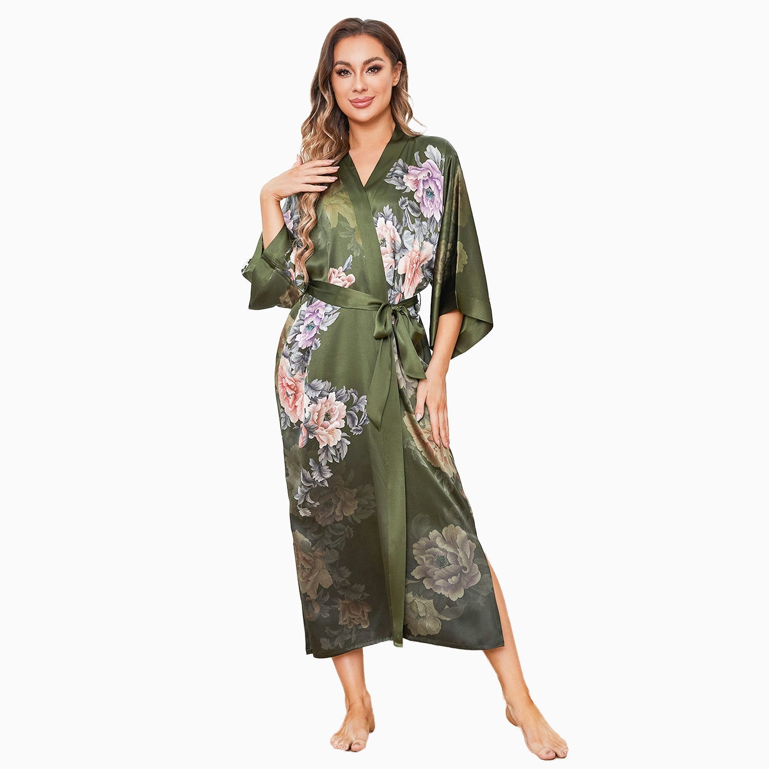 Women's Luxury Peony Floral Print 100% Silk Kimono Robe