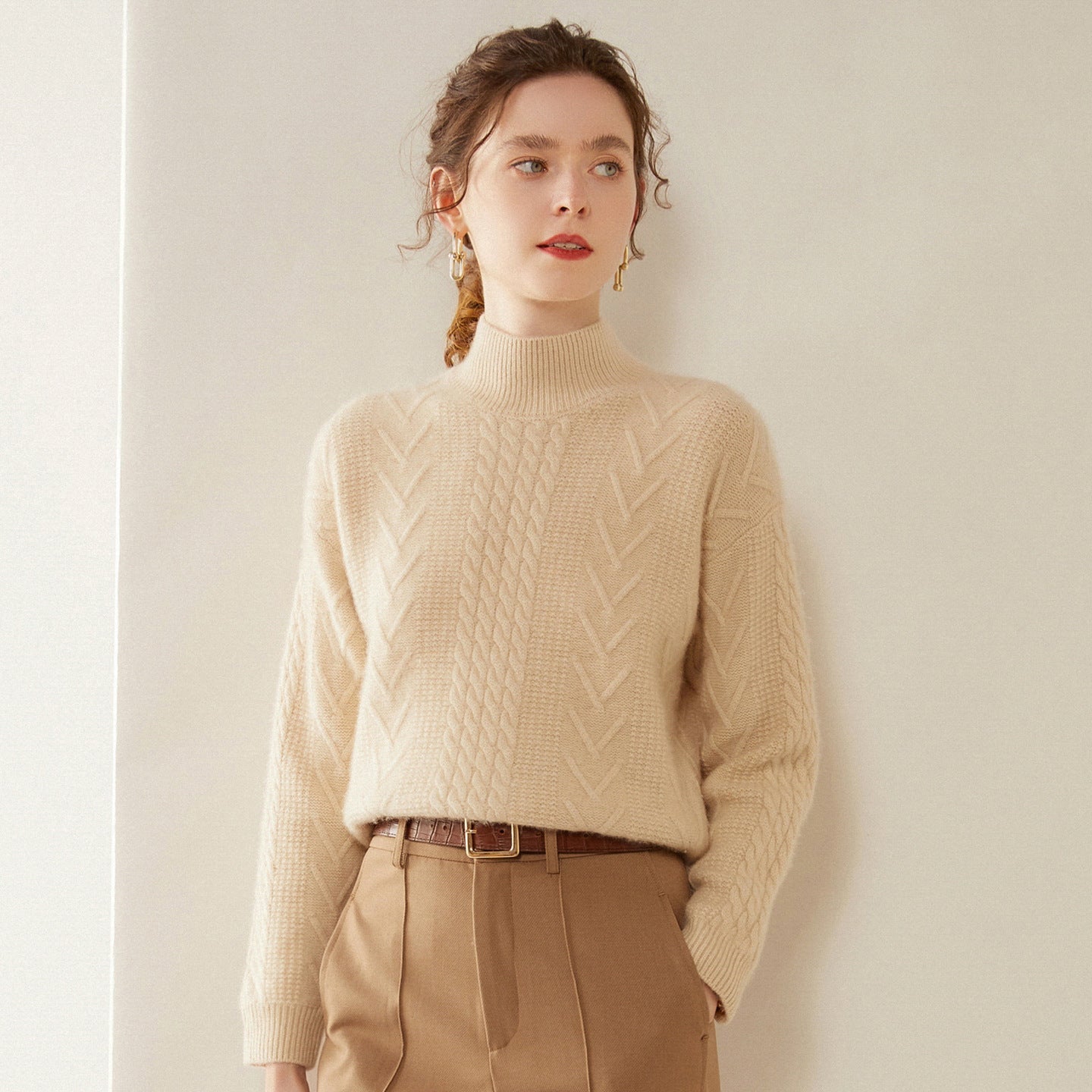 Womens Mock Neck Cable Knit Cashmere Sweater Textured Cashmere Pullover Beige XS