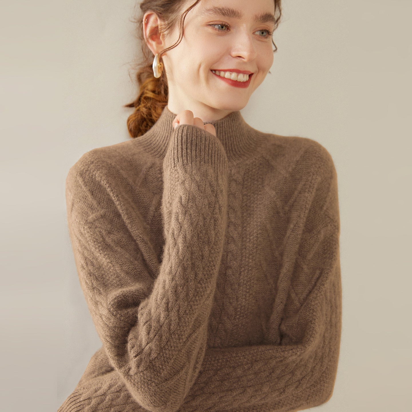 Womens Mock Neck Cable Knit Cashmere Sweater Textured Cashmere Pullover Taupe XS