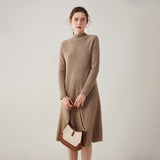 Womens Mock Neck Cashmere Dress Cashmere Midi Dress Bottom Dress Taupe XS