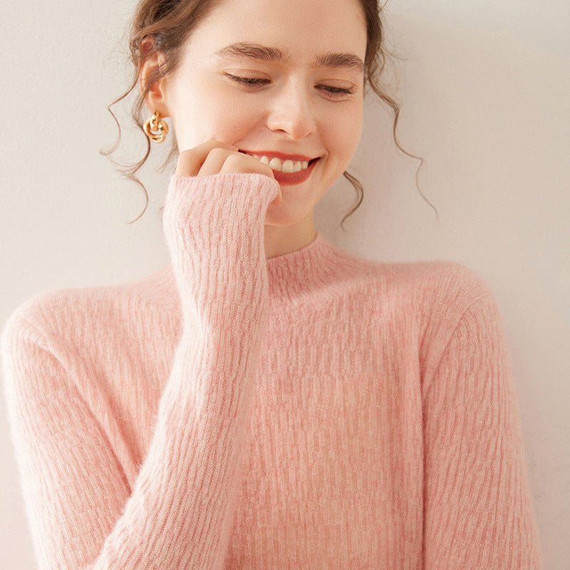 Womens Mock Neck Cashmere Ribbed Sweater Cashmere Pullover Pink XS