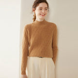 Womens Mock Neck Cashmere Sweater Cable Knit Long Sleeve Cashmere Pullover Camel XS