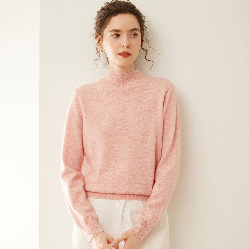 Womens Mock Neck Cashmere Sweater Cashmere Pullover Ribbed Hem Pink XS
