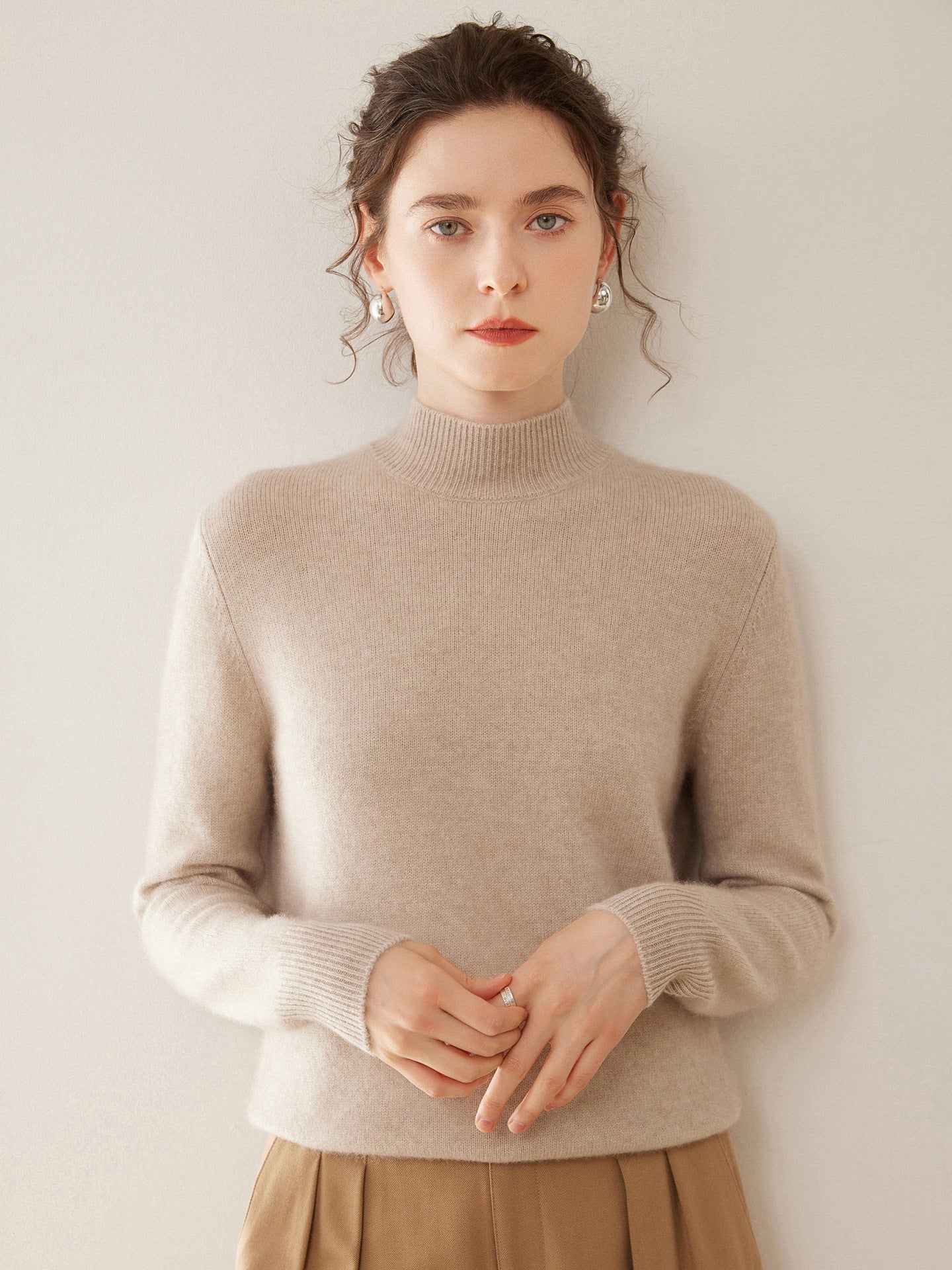 Womens Mock Neck Cashmere Sweater Long Sleeve Cashmere Pullover Multi Colors Light Camel XS