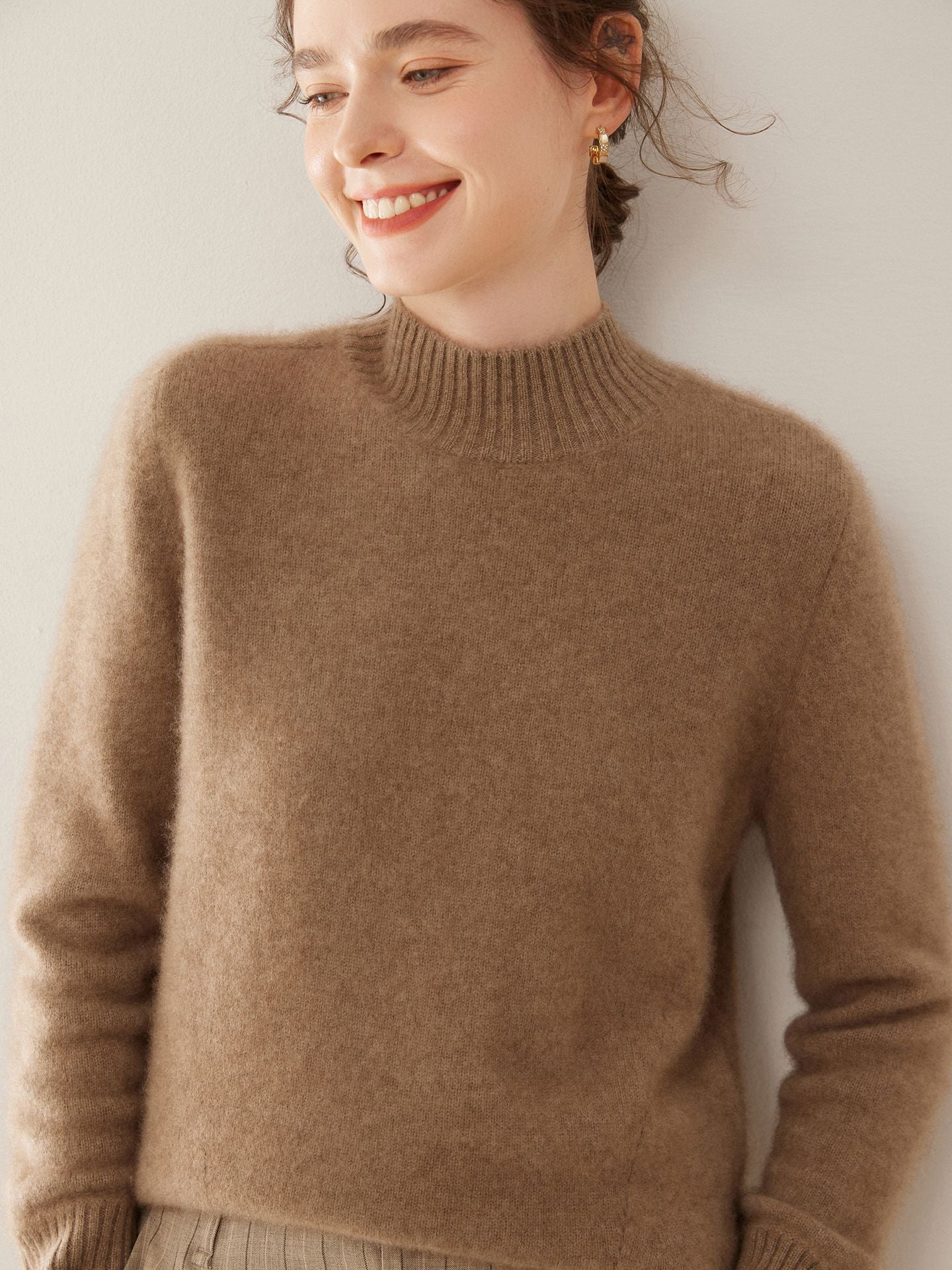 Womens Mock Neck Cashmere Sweater Long Sleeve Cashmere Pullover Ribbed Finishing Taupe XS