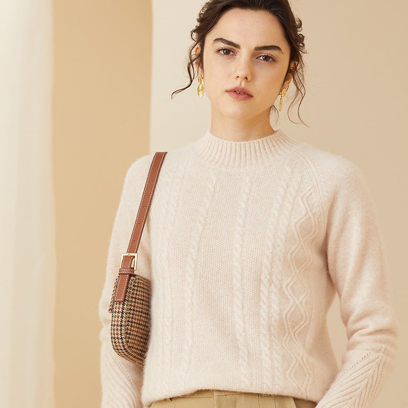 Womens Cashmere Cable Knit Sweater Crew Neck Long Sleeves Sweater