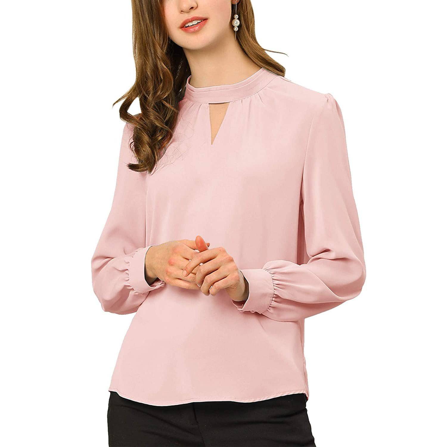Women's Office Silk Shirt Keyhole Elegant Stand Collar Long Sleeve Silk Blouses