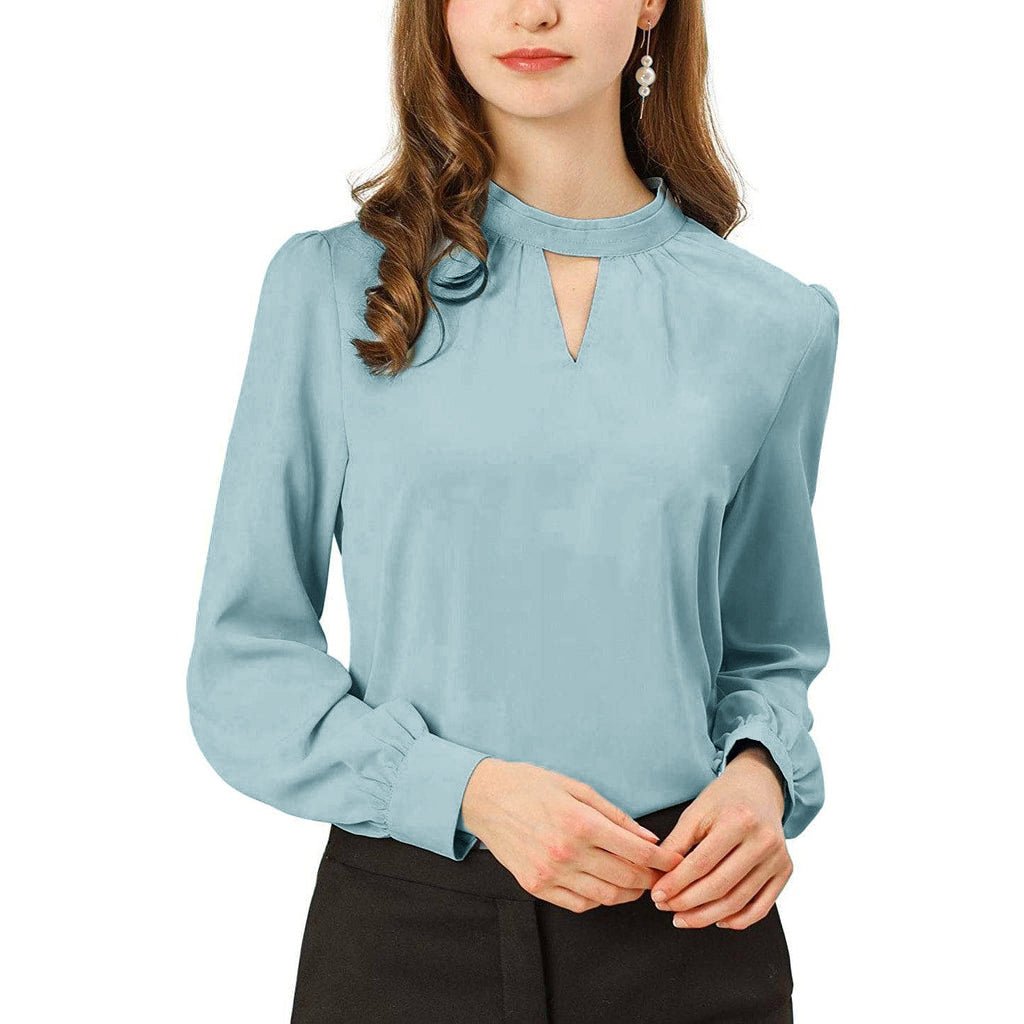 Women's Office Silk Shirt Keyhole Elegant Stand Collar Long Sleeve Silk Blouses