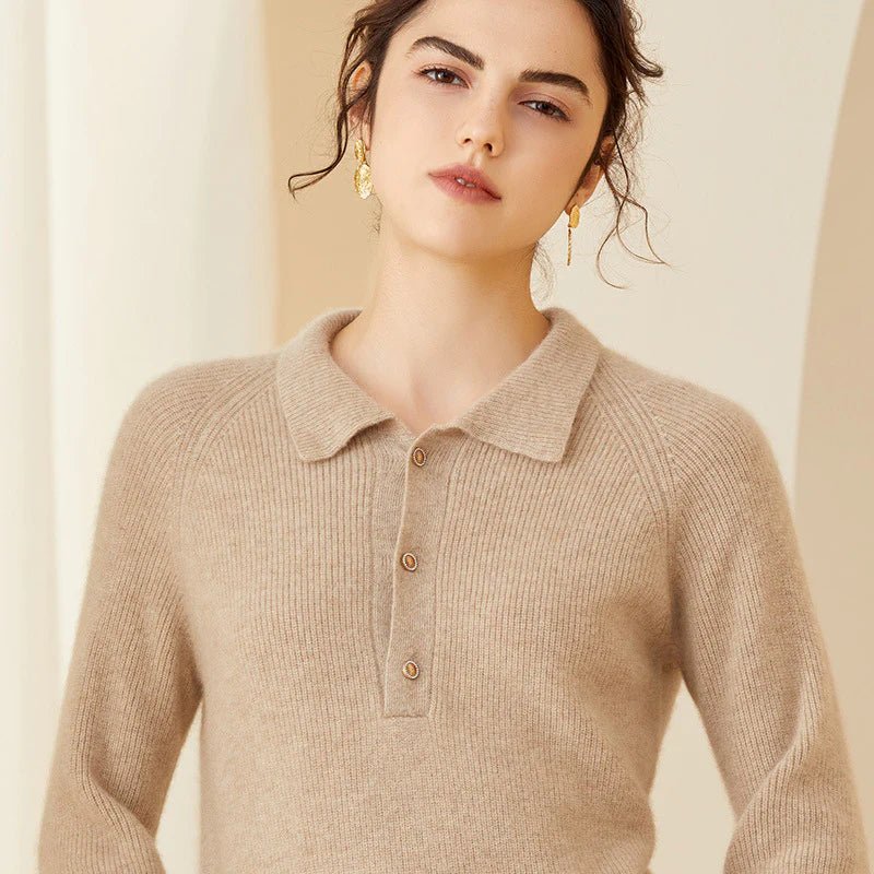 Womens Ribbed Cashmere Polo Sweater Button - Up Long Sleeves Sweater