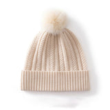 Womens Pom Cashmere Beanie Soft Rib Cashmere Knit Hat Fold Cuff
