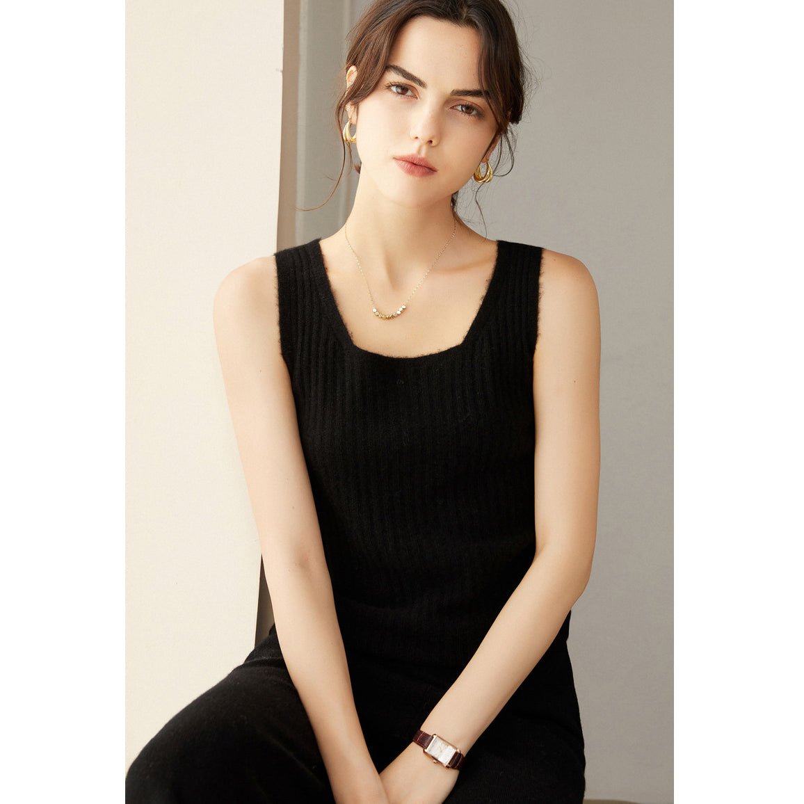 Women's Ribbed Knit Scoop Neck Sleeveless Cashmere Vest U - Neck Cashmere Tank