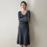 Womens Ribbed Cashmere Knit Midi Dress V Neck Flared Sleeve Cashmere Sweater Dress Gray XS