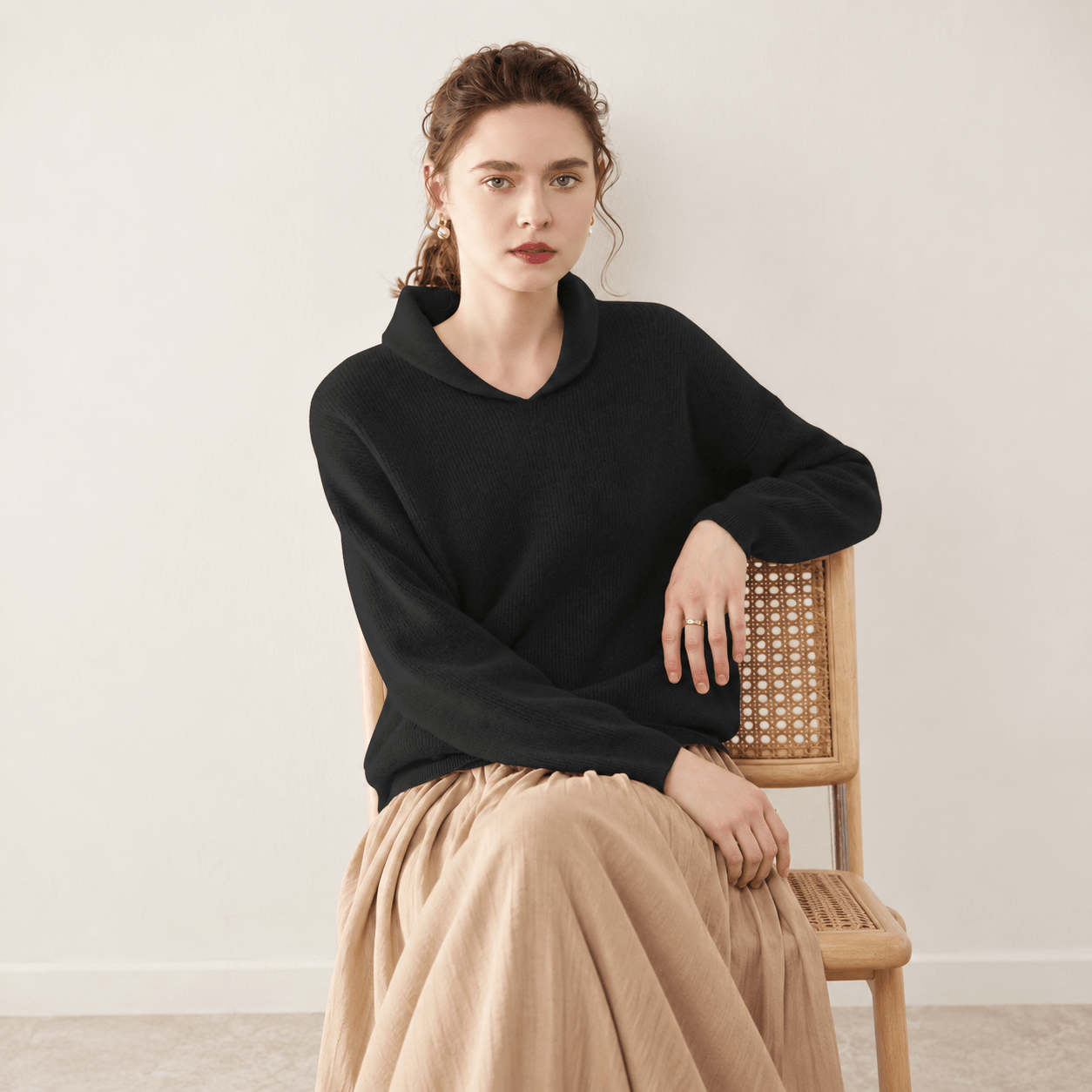 Womens Shawl Collar Cashmere Sweater V Neck Long Sleeve Cashmere Pullover Black XS