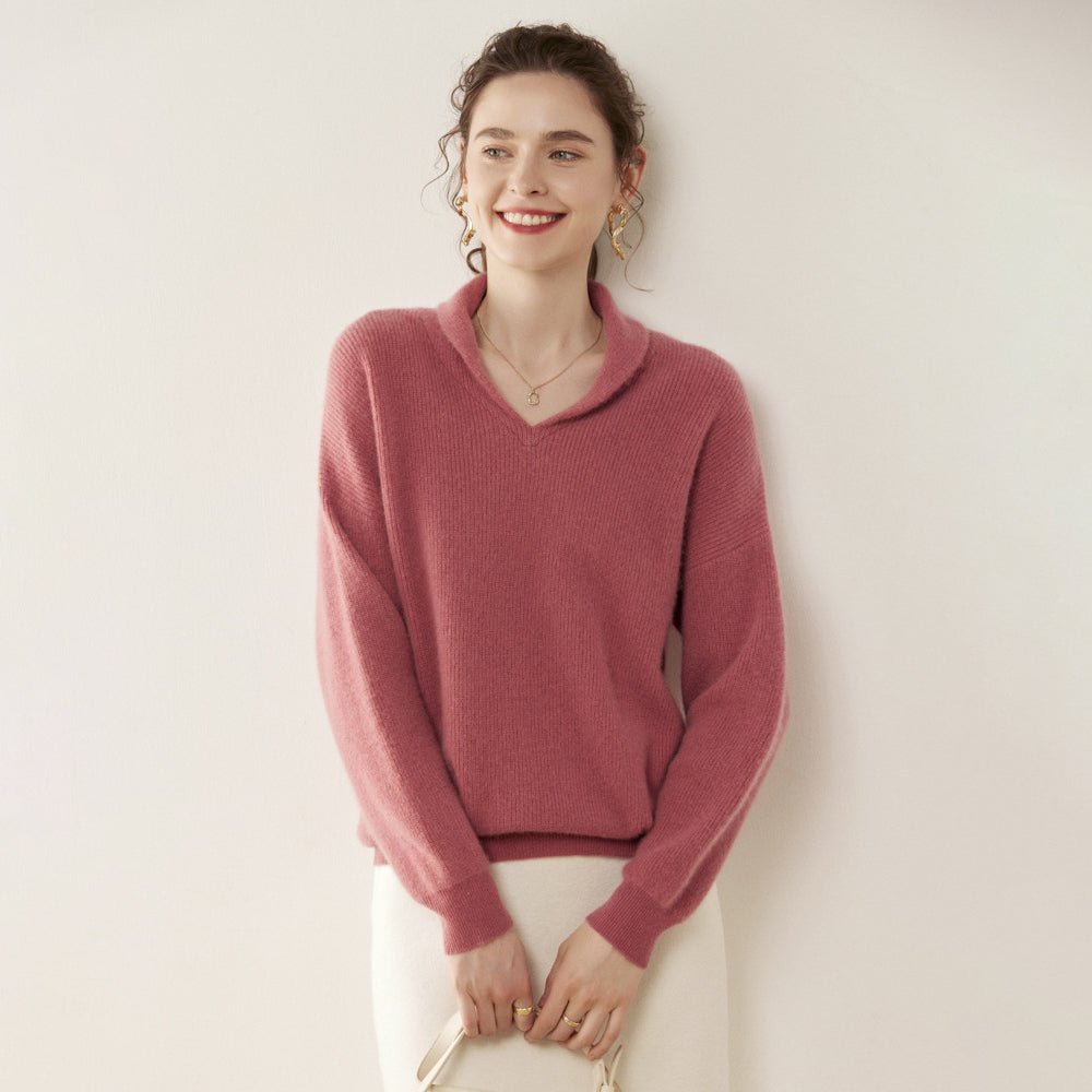 Womens Shawl Collar Cashmere Sweater V Neck Long Sleeve Cashmere Pullover Pink XS