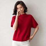 Womens Short Sleeve Cashmere Sweater Mock Neck Cashmere Knit Top Red XS