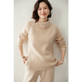 Womens Sideling Zip - up Cashmere Sweater Turtleneck Cashmere Pullover Beige XS