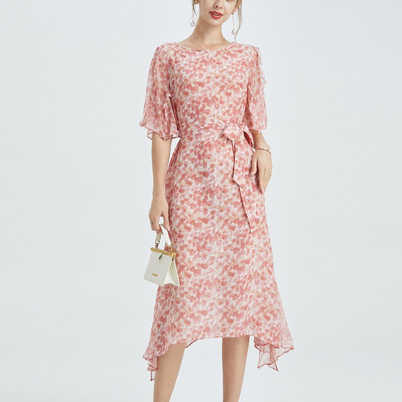 Womens Silk Chiffon Midi Dress Ruffle Sleeves Floral Silk Dress Waist Tie Pink XS
