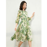 Womens Silk Chiffon Midi Dress Watercolor Leaf Print Sheer Sleeve Green Silk Dress