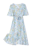Womens Silk Floral Midi Dress Tie Waist Ruffle Hem Blue Silk Dress