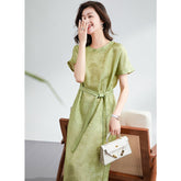 Womens Silk Jacquard Midi Dress Belted Waist Short Sleeve Green Silk Dress