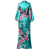 Womens Silk Kimono Peacock and Floral Print Kimono Silk Long Silk Robe