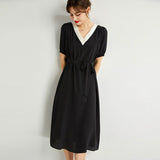 Womens Silk Midi Dress Contrast V - Neck Waist Tie Black Silk Dress
