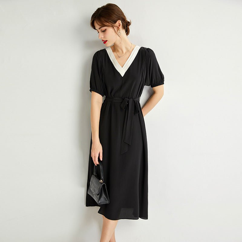Womens Silk Midi Dress Contrast V - Neck Waist Tie Black Silk Dress