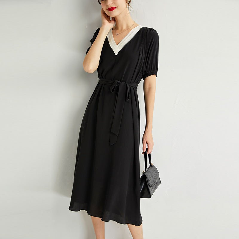 Womens Silk Midi Dress Contrast V - Neck Waist Tie Black Silk Dress