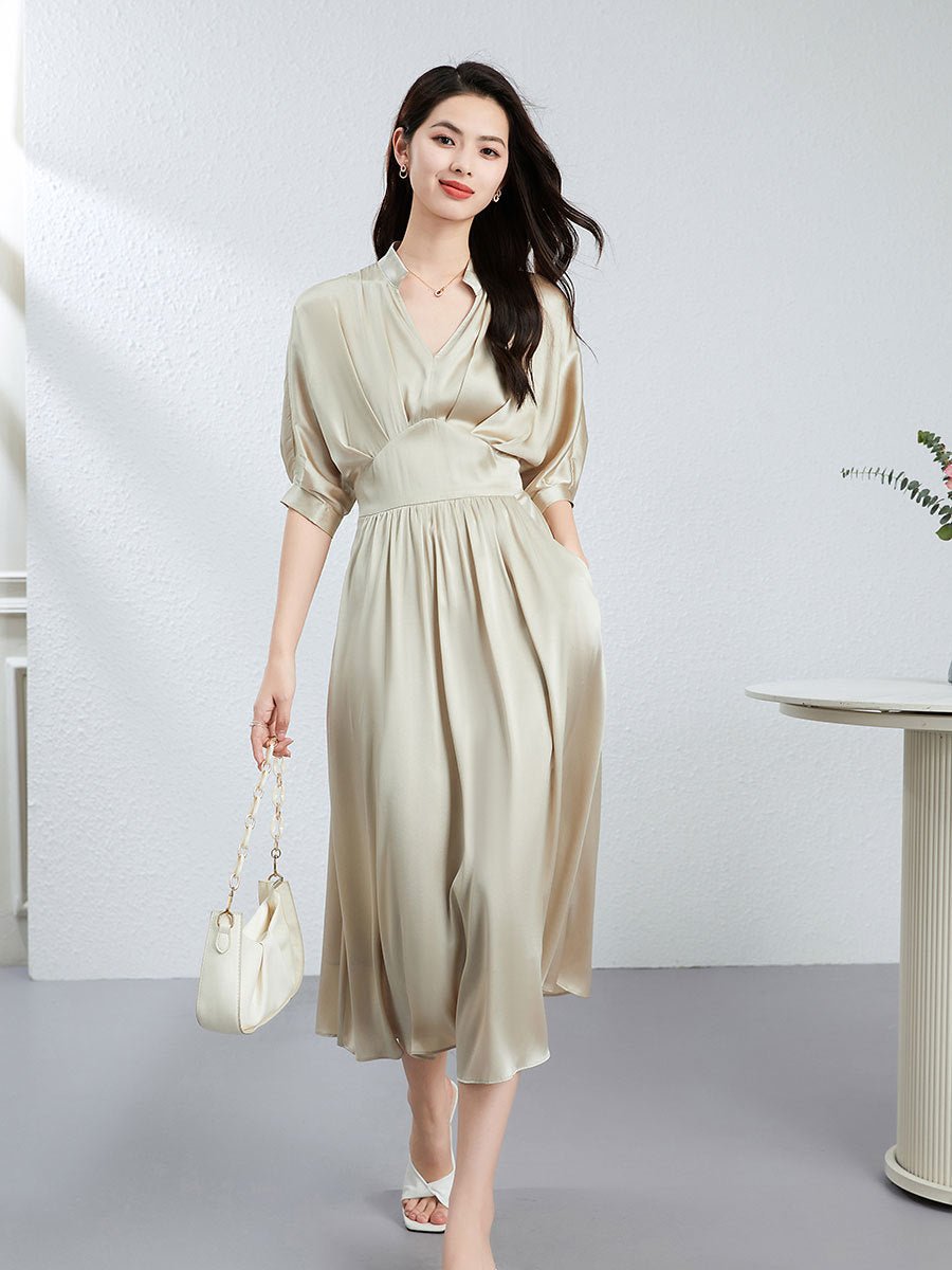 Womens Silk Midi Dress Draped V - Neck Cinched Waist Long Silk Dress