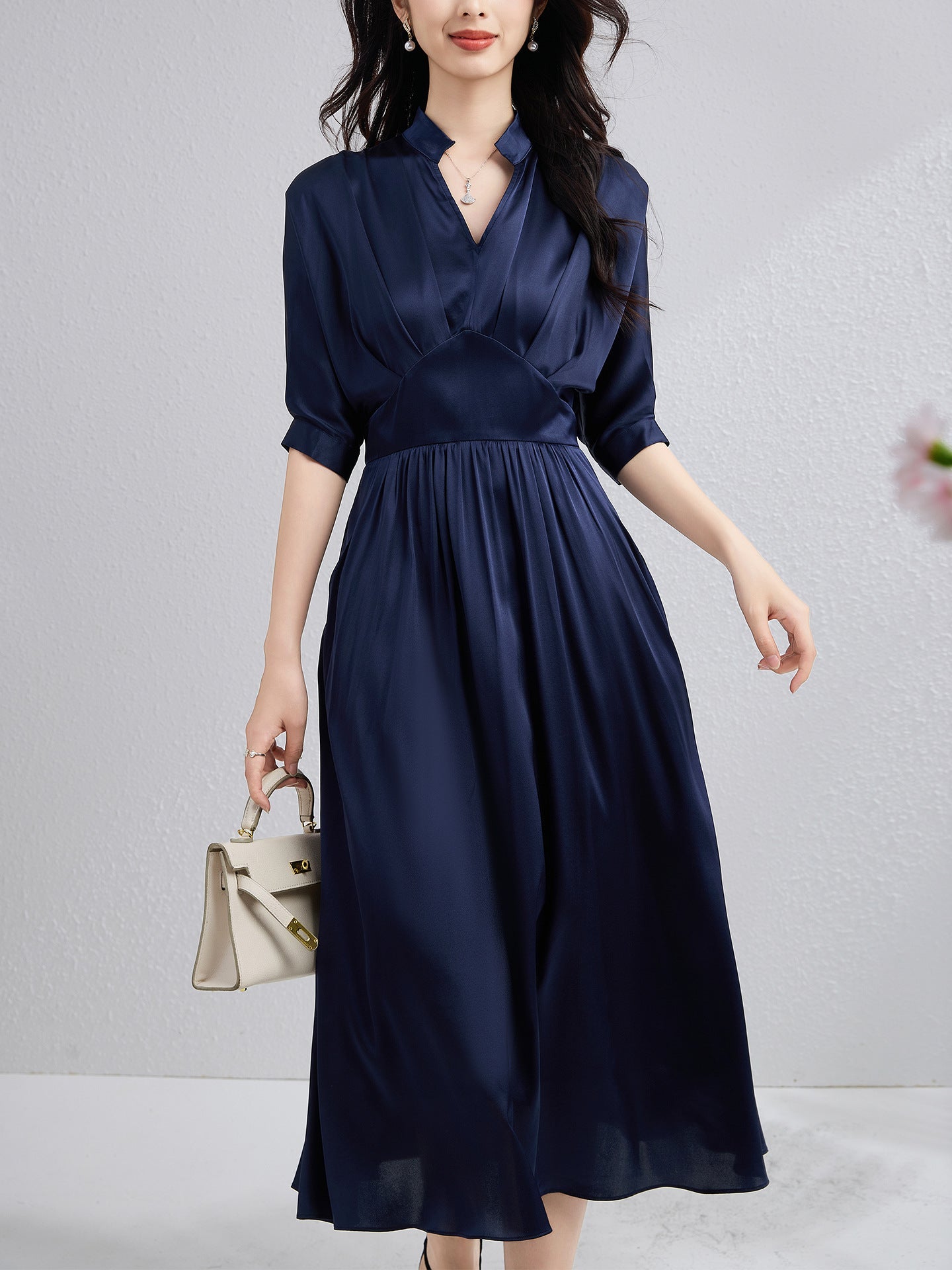 Womens Silk Midi Dress Draped V - Neck Cinched Waist Long Silk Dress Navy Blue XS