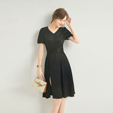 Womens Silk Midi Dress Puff Sleeves Pleated Waist Silk Dresses