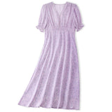 Womens Silk Midi Dress Smocked Waist Ruffled Sleeve Silk Dress