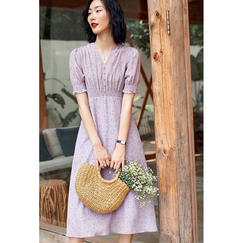 Womens Silk Midi Dress Smocked Waist Ruffled Sleeve Silk Dress