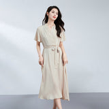 Womens Silk Midi Wrap Dress Short Sleeves Waist Tie Silk Dresses