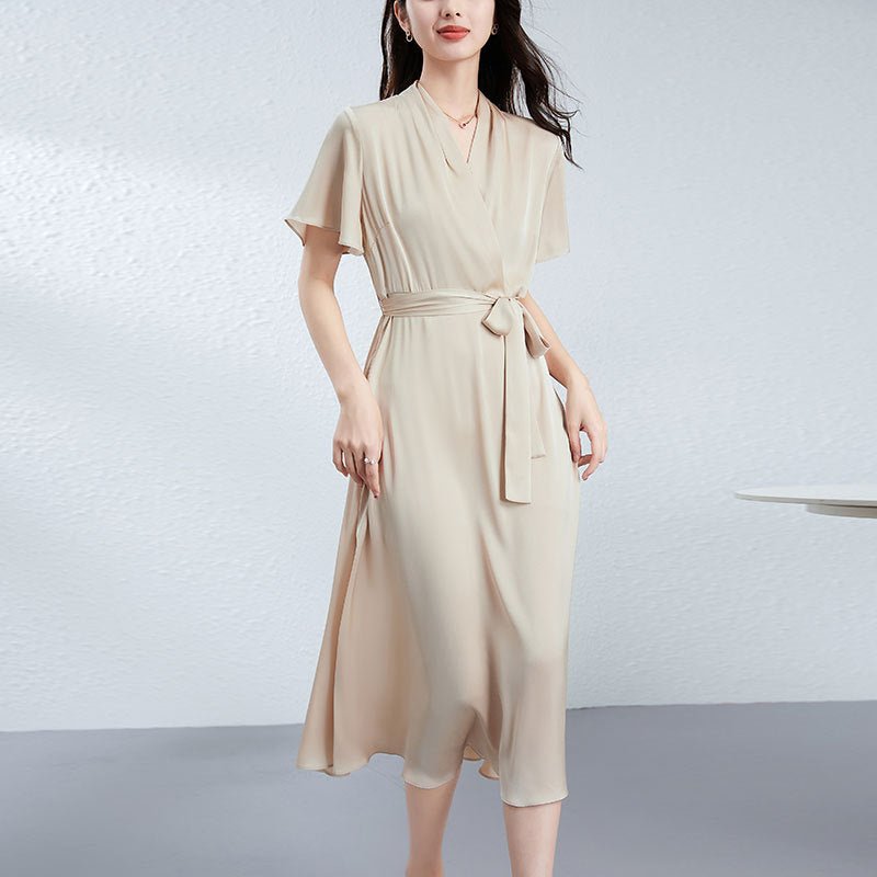 Womens Silk Midi Wrap Dress Short Sleeves Waist Tie Silk Dresses