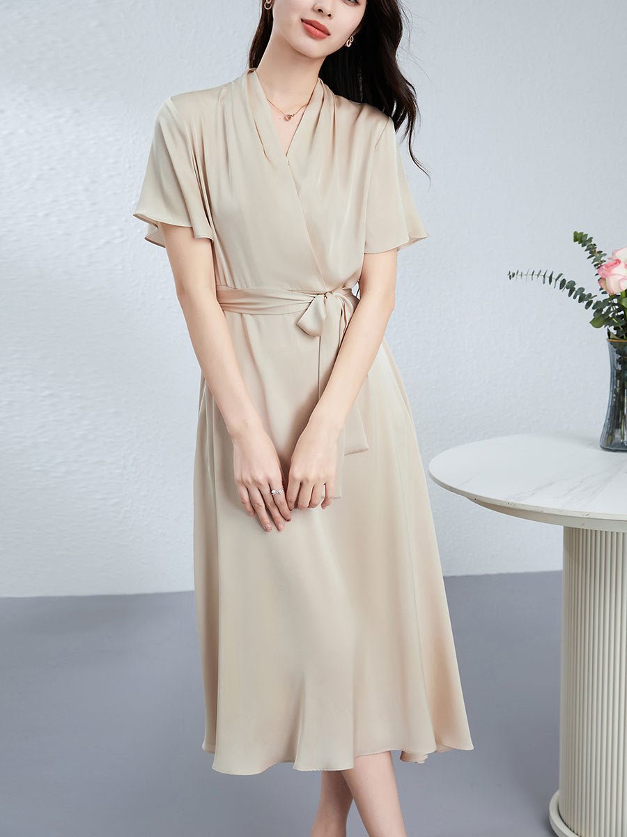 Womens Silk Midi Wrap Dress Short Sleeves Waist Tie Silk Dresses