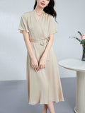 Womens Silk Midi Wrap Dress Short Sleeves Waist Tie Silk Dresses