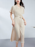 Womens Silk Midi Wrap Dress Short Sleeves Waist Tie Silk Dresses
