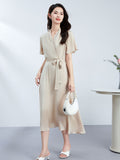 Womens Silk Midi Wrap Dress Short Sleeves Waist Tie Silk Dresses