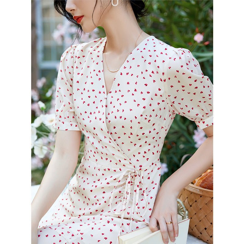 Womens Silk Mini Wrap Dress Puff Sleeve Heart Print Silk Dresses