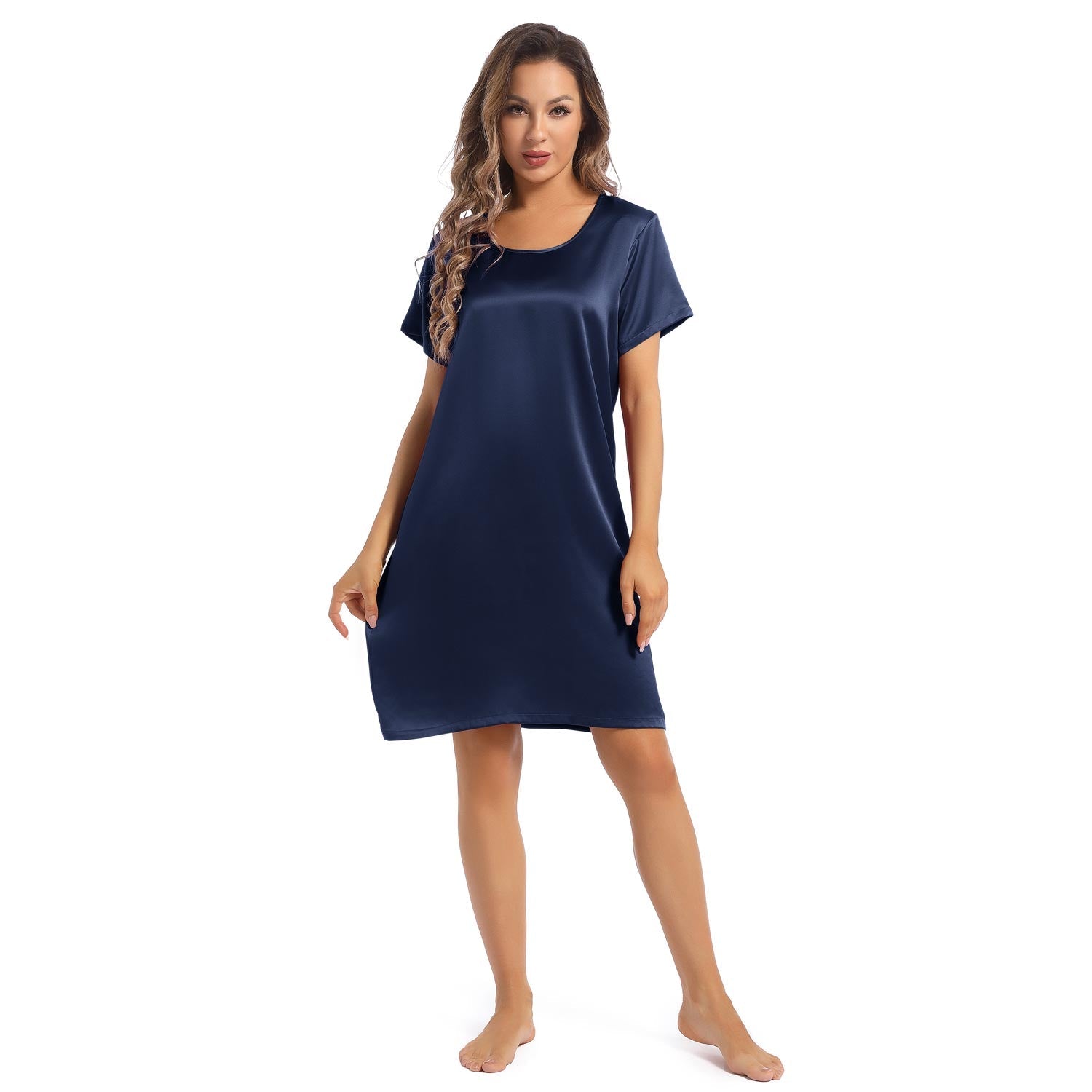 Women's Silk Nightgown Short Sleeve Round Neck Silk Nightdress