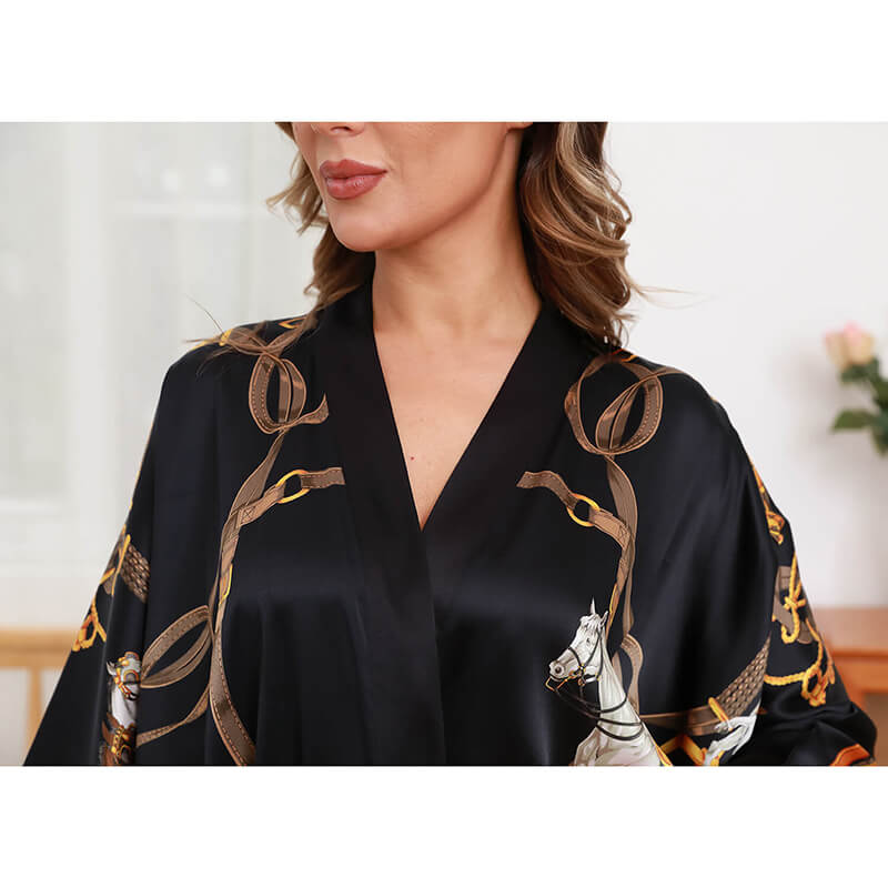 Womens Silk Robe Hand Painted Horse Print Silk Kimono Robes Black One size fits most